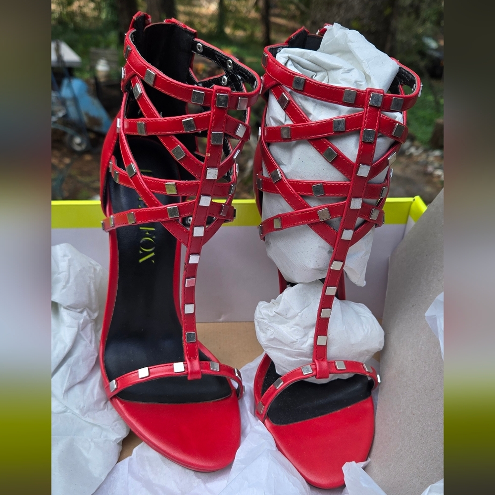 HOST PICK! 🎉Paper Fox Red Strappy Heels With Studded Cage Sz7.5 NIB - Picture 2 of 11